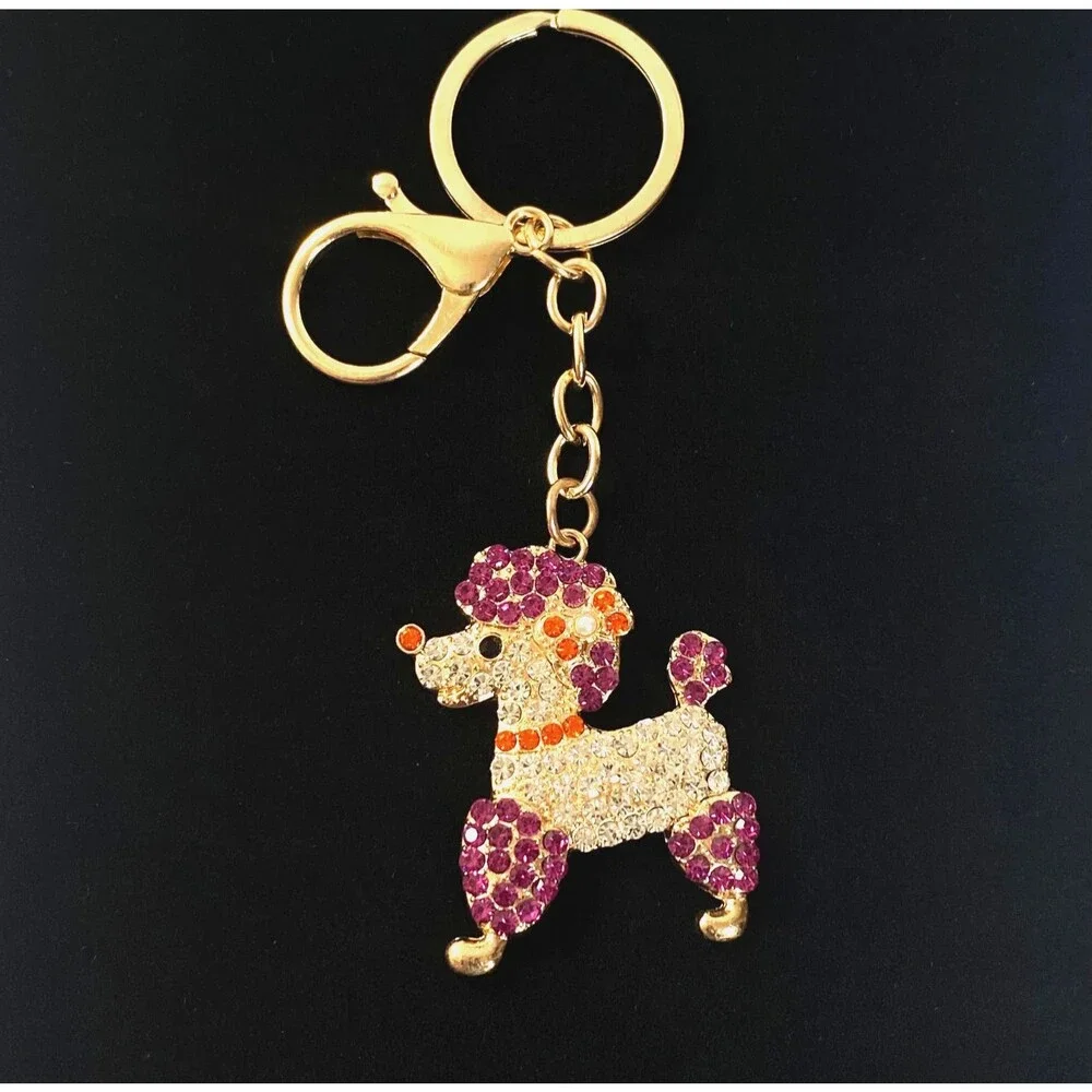 Poodle Rhinestone Charm Keychain Key Holder Purple Multi Gold Tone Metal New